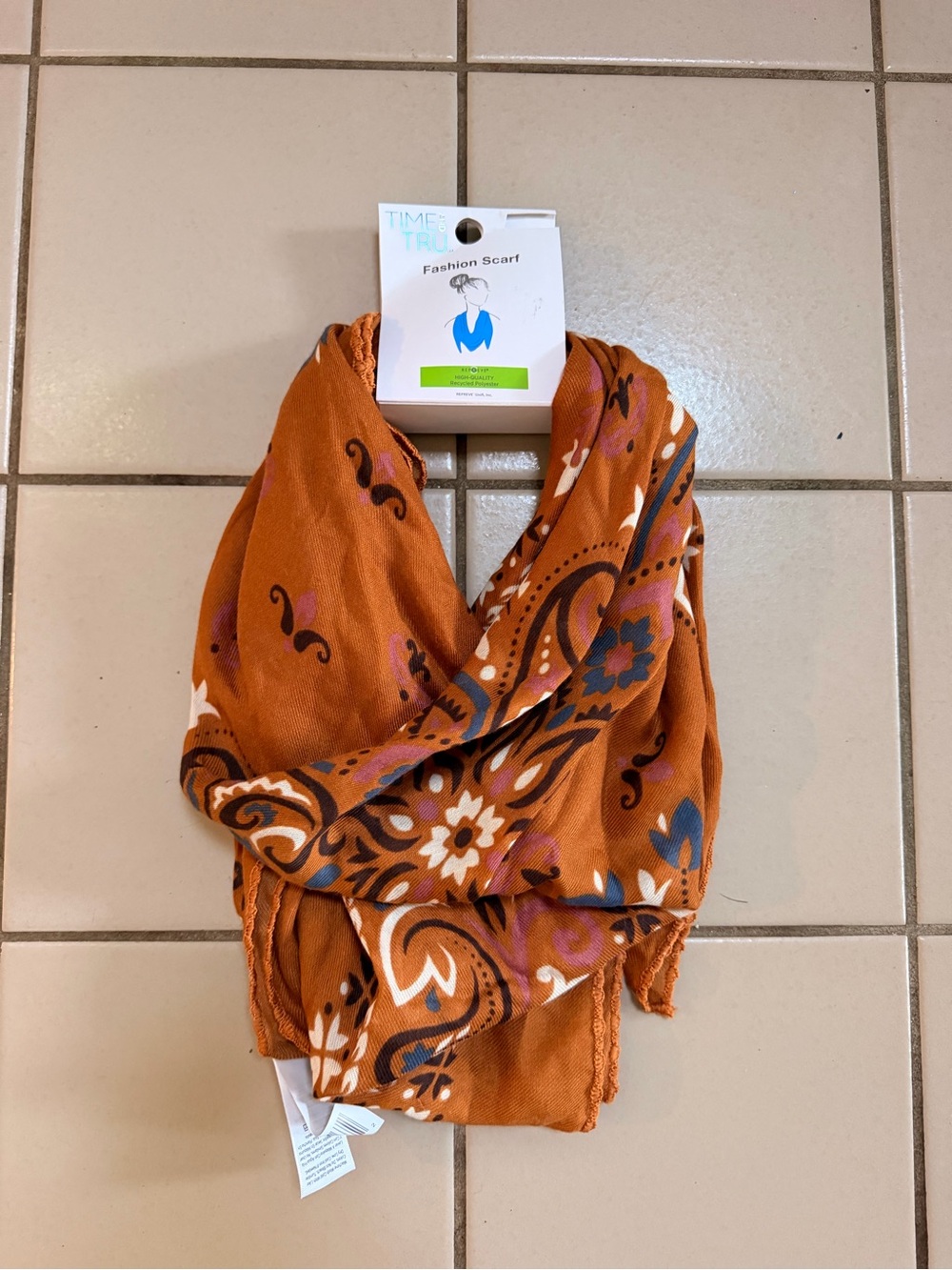 Time and Tru Burnt Orange Paisley Floral Fashion Scarf NWT